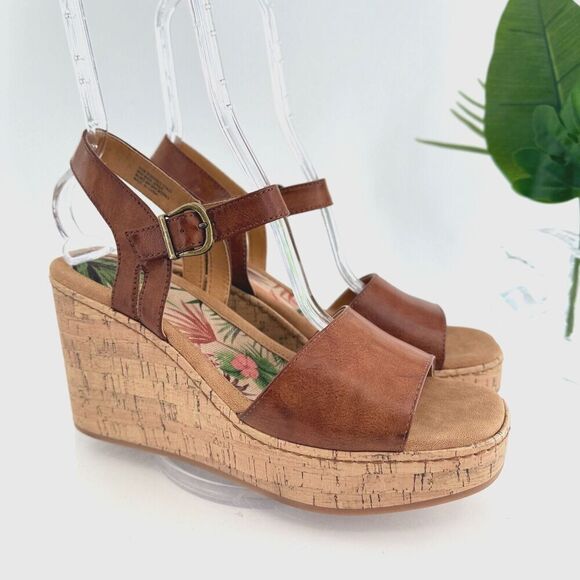 Born Corrie Womens Sandal Size 10 Brown Leather Wedge Heel Open Toe Ankle Strap - Picture 1 of 15